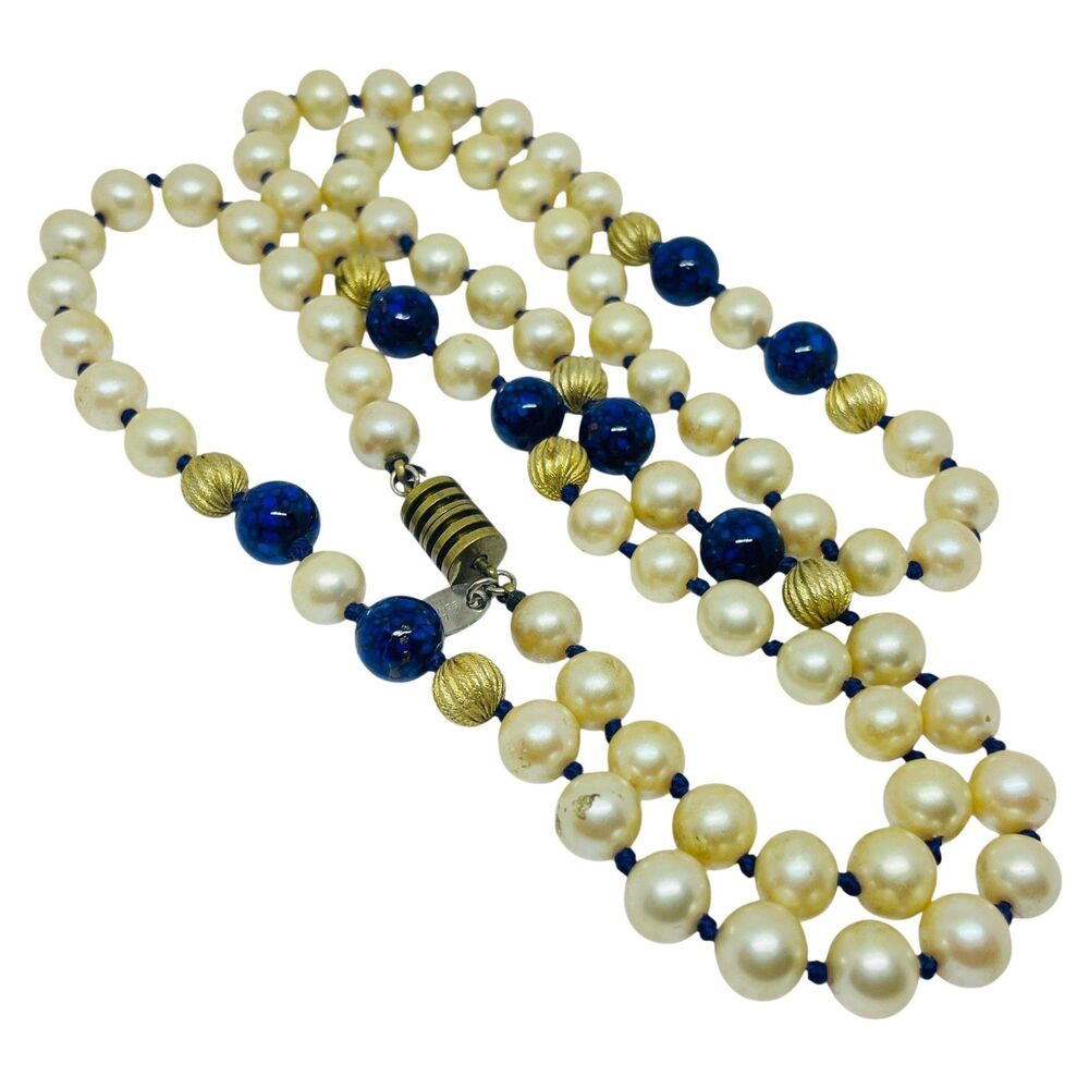 LES BERNARD signed vintage gold tone glass pearls lapis beaded designer necklace